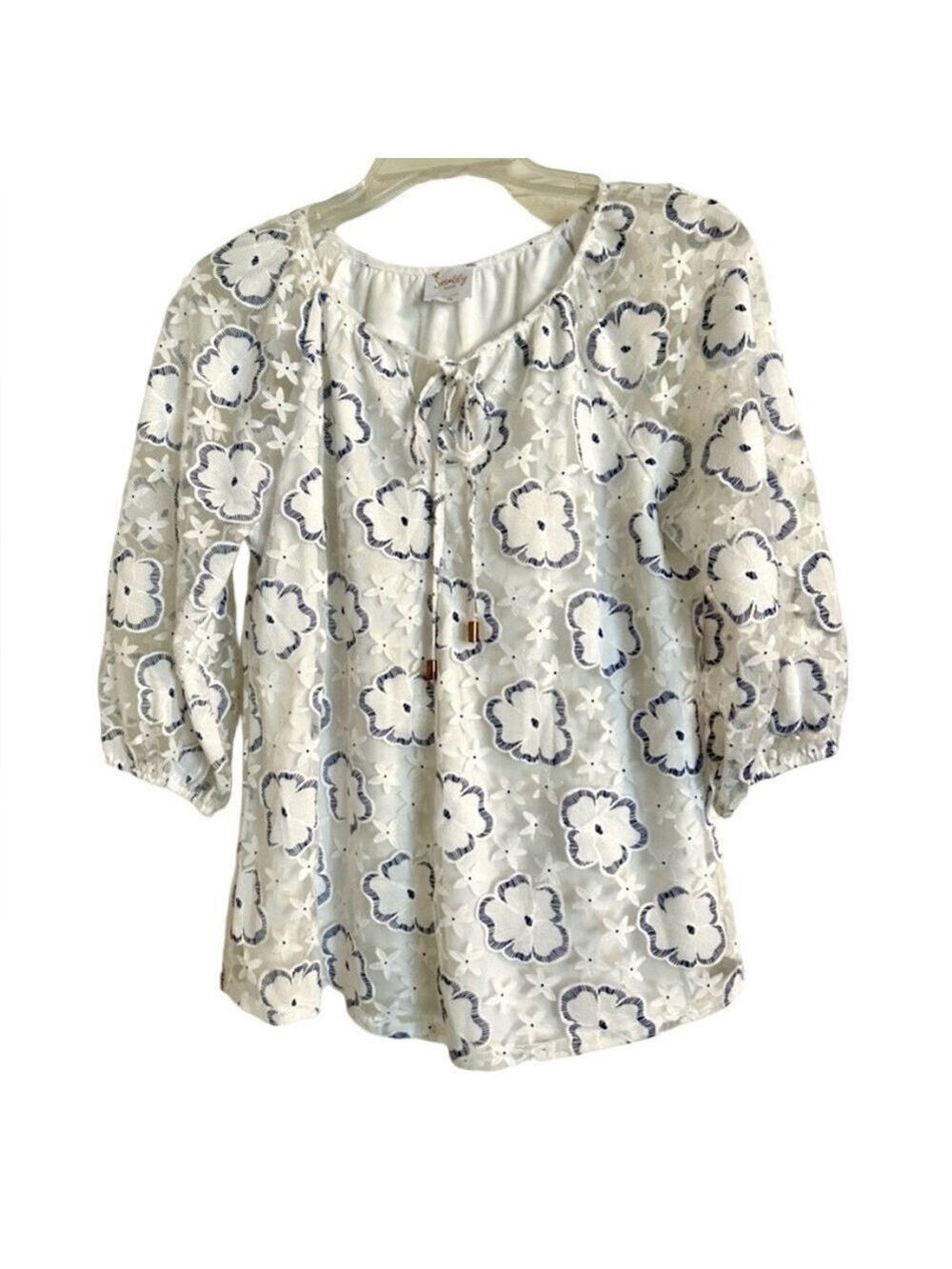 Sirenlily Women’s Blouse White Blue Floral PS
